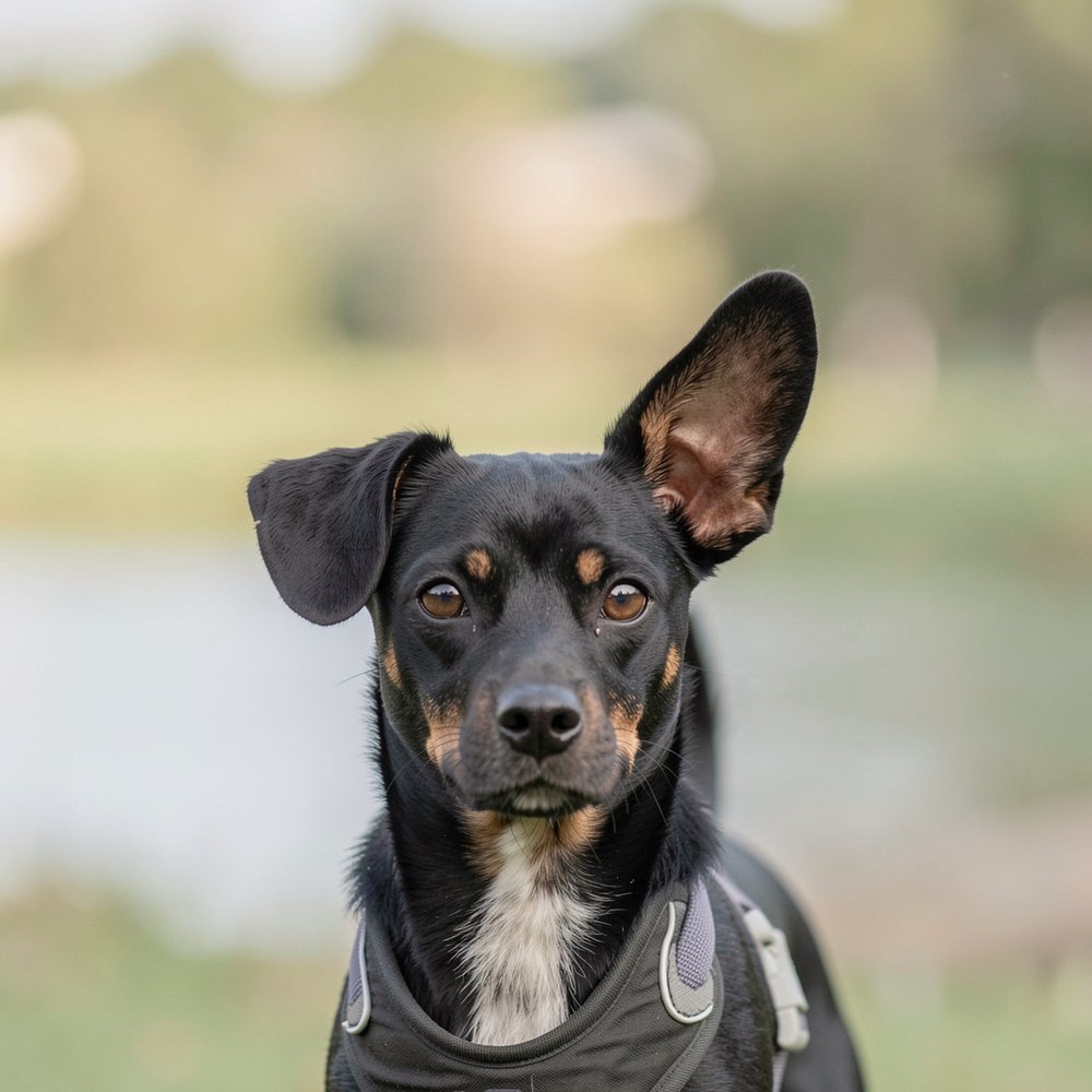 Ritratto di un cane nero e marrone su un prato, sfondo sfocato
