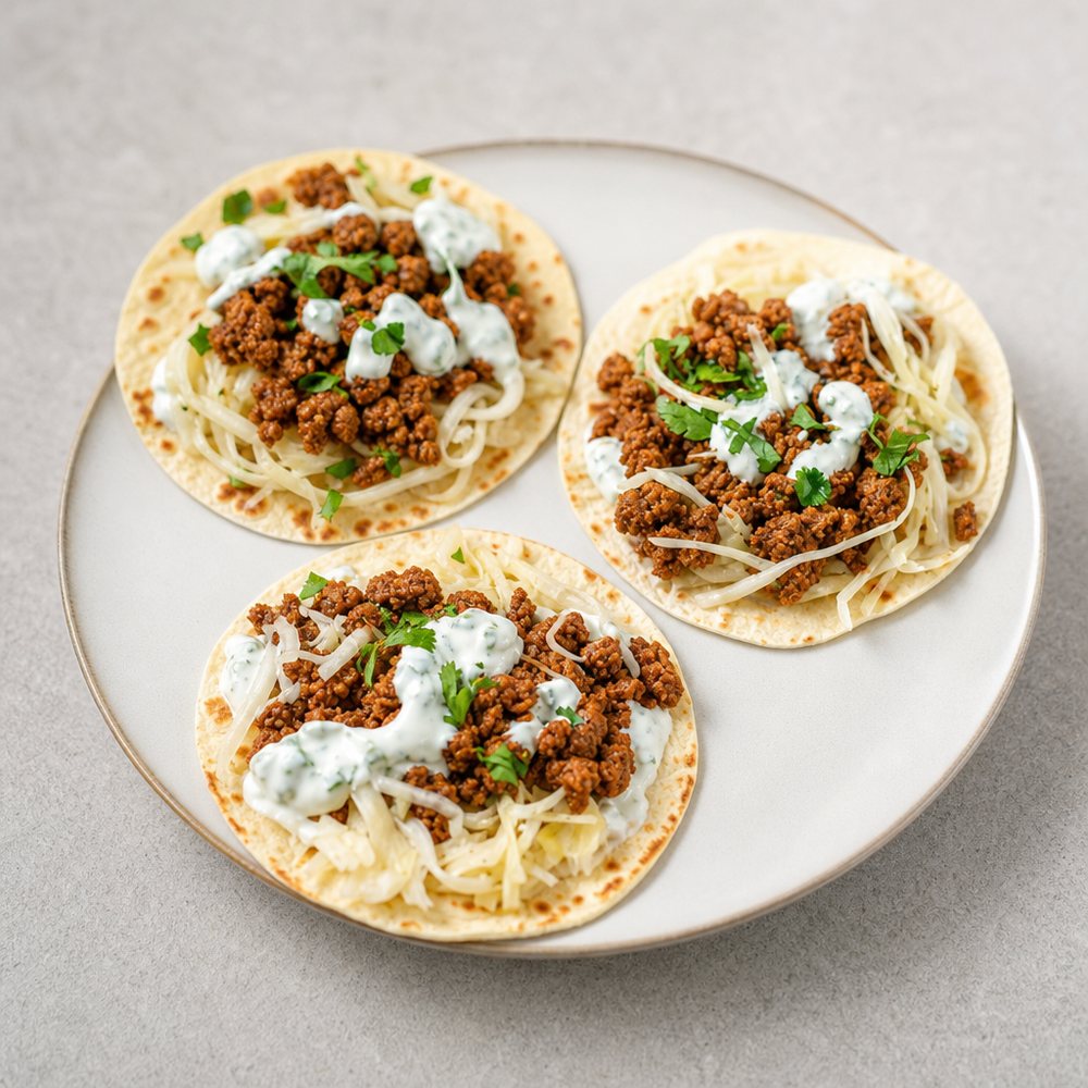 Tacos serviti su un piatto chiaro, luce morbida
